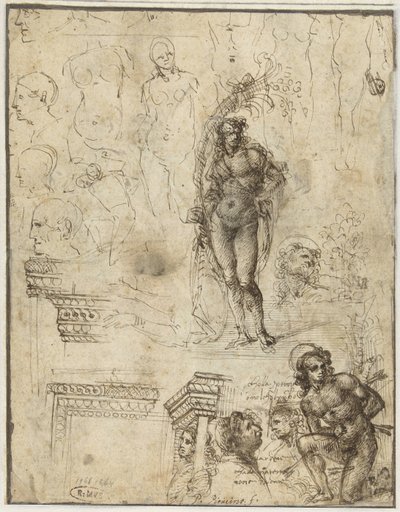 頭、人物、建築の断片を含む学習シート 頭、人物、建築の断片を含む学習シート 作： Piero di Cosimo (attributed to)