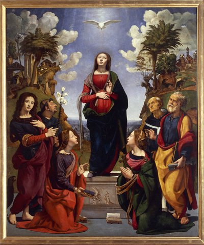 聖人に囲まれた無原罪の御宿り、1500～05年頃（木にテンペラグラッサ 作： Piero di Cosimo