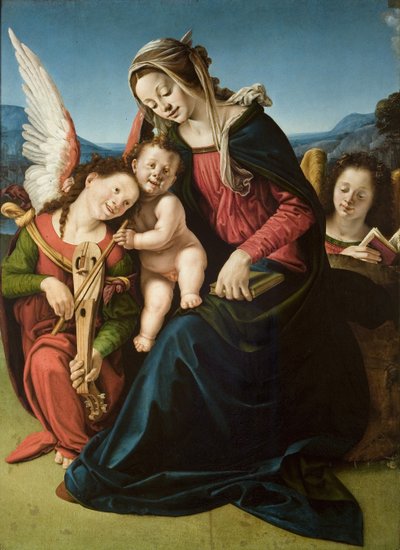 聖母子と二人の天使」 1507年頃 木部に油彩 作： Piero di Cosimo