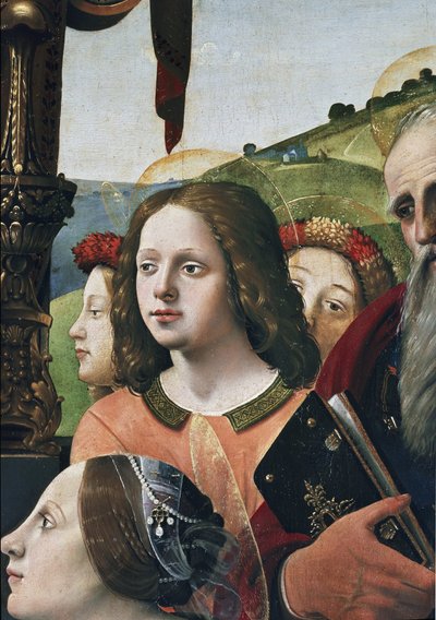 聖人に囲まれた玉座の聖母子像、細部（パネルに油彩とテンペラ、1493年頃 作： Piero di Cosimo