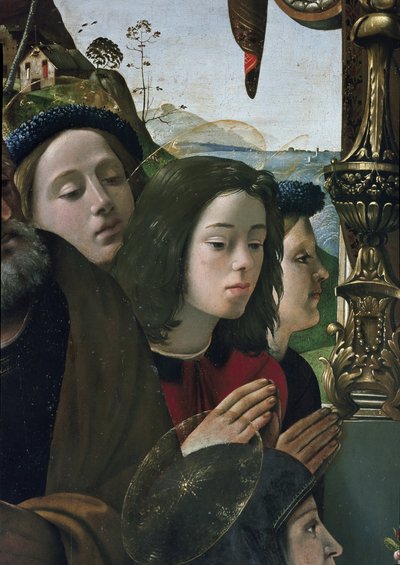 聖人に囲まれた玉座の聖母子像、細部（パネルに油彩とテンペラ、1493年頃 作： Piero di Cosimo