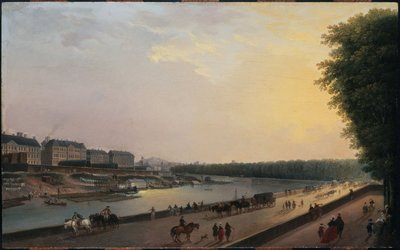 グルヌイエールのセーヌ川、チュイルリーの水辺のテラスからの眺め、1777年頃（木に油彩） 作： Pierre Antoine Demachy