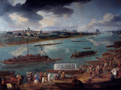 1716年にラペ河岸から撮影したパリの眺め。セーヌ川のボートの詳細。ピエール・デニス・マーティンによる絵画 作： Pierre Denis Martin