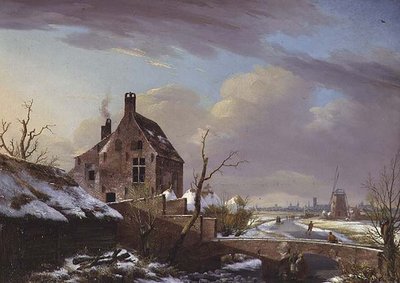 橋のそばに人物がいる冬の風景 作： Pierre François De Noter