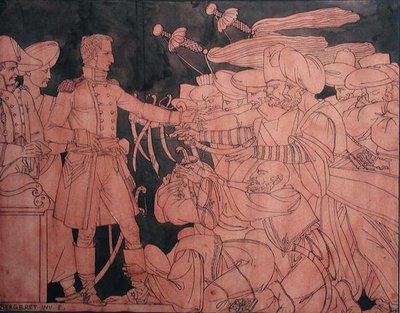 エジプト遠征中にエジプトの指導者たちの降伏を受けるナポレオン1世（1769-1821）、花瓶の準備図（紙にガッシュ） 作： Pierre Nolasque Bergeret