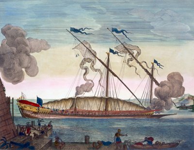 「ル・ネプチューン・フランソワ」、1693〜1700年頃（手彩色の彫刻）から、信号を発しながら奴隷によって漕がれたロイヤル・ギャレー（スペイン語またはポルトガル語） 作： Pierre (1661 1711) Mortier