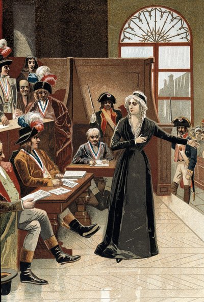 フランス革命：1793年10月14日に行われた裁判で、裁判官の前に立つフランス王妃マリー・アントワネット（図面）。 作： Pierre (after) Bouillon
