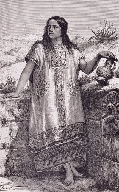 トルテカの少女、クロード＝ジョゼフ＝デジール・シャルネ著「新世界の古代都市」より。1887年（エングレーヴィング） 作： Pierre (after) Fritel