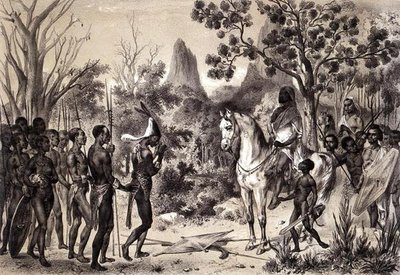 ピエール・トレモー（1818-95）の「東洋のスーダンと七部族のアフリカへの旅」から、ローランスが彫刻したニグロの酋長をセナリア王に紹介する儀式。 作： Pierre (after) Tremaux