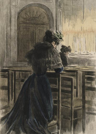 教会での献身、オクターブ・ウザンヌ（1851-1931）による「パリの女性」のイラスト（1894年）（カラー彫刻） 作： Pierre (after) Vidal