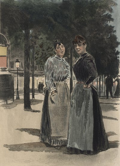 大通りにいる2人の普通の女性、オクターブ・ウザンヌ（1851-1931）による「La Femme a Paris」のイラスト（1894年）（カラー彫刻） 作： Pierre (after) Vidal