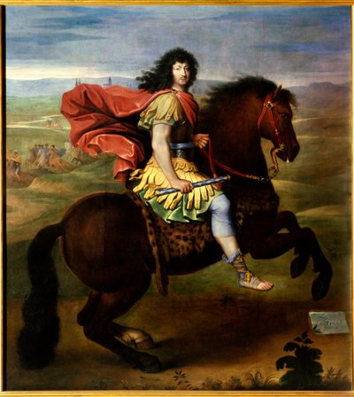 ルイ14世（37歳）の騎馬像。フランス王ルイ15世（ル・ビエン・エイム（1710-1774）として知られる）は、鎧をまとい、サンダルシューズを履き、ユリの花が描かれた青い棒を持って表現されています。ピエール・ミニャール（1612-1695）の工房の絵 作： Pierre (studio of) Mignard