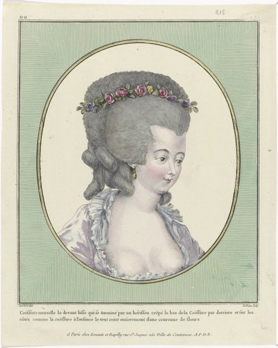 髪型、プーフ、帽子、ボンネット: 11 種類の髪型と頭飾り Gallerie des Modes et Costumes Français、1781、oo 218: Coëffure nouvelle le front (...) 作： Pierre Adrien Le Beau