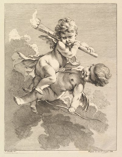 2 人のキューピッド、1 人は松明を持ち、もう 1 人は弓を持っています。1727-60 年。 作： Pierre Alexandre Aveline
