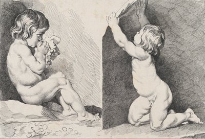 New Book of Children、1720-60 より、ブドウを食べている 2 人の裸の子供。 作： Pierre Alexandre Aveline