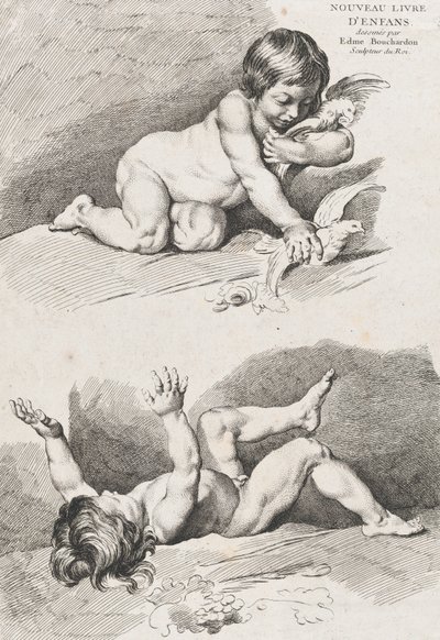 葉っぱで遊んでいる 2 人の裸の子供、New Book of Children、1720-60 より。 作： Pierre Alexandre Aveline