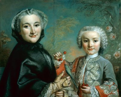 インコとサクランボを持つ女性と子供 作： Pierre Allais