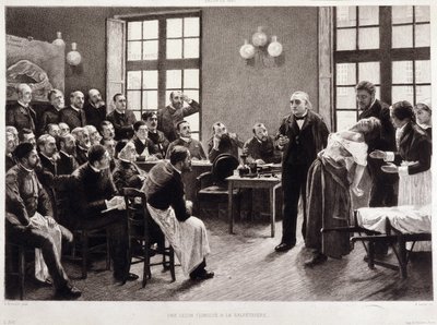 1887年、サルペトリエールで行われたシャルコー博士の臨床講義。ジャン・マルタン・シャルコー教授の学科の学生たちが、彼の患者であり、ヒステリーの研究のためのモルモットであったブランシュ・ウィットマンの症例を説明する。ジャン・マルタン・シャルコー教授の助手を務めていた 作： Pierre Andre (after) Brouillet