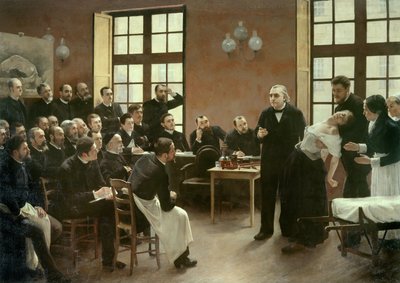 1887年、サルペトリエールで行われたシャルコー博士の臨床講義。ジャン・マルタン・シャルコー教授（1825-1893）の学科の学生たちが、彼の患者であり、ヒステリーの研究のためのモルモットとなったブランシュ・ウィットマンの症例を説明している。彼はアシスタントとして 作： Pierre Andre Brouillet