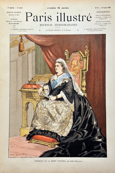 アンドレ・ブルイユによるイギリス女王ヴィクトリア・アイレ（1819-1901）の肖像、「週刊パリ・イラストジャーナル」に掲載された1887年のエングレーヴィング。 作： Pierre Andre Brouillet