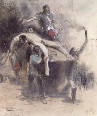 1848年2月23日、死体を運び去る男たち（ガッシュ） 作： Pierre Andrieu
