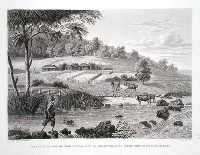 ニューサウスウェールズ州、ニューホランド州ルイ・クロード・ドゥ・フレシネ（1779-1842）の「Voyage Autour du Monde（1817-20）」からブルー・マウンテンズの西にあるコックス川の眺め、シュローダーの彫刻、1822-24年に出版（リトグラフ） 作： Pierre Antoine (after) Marchais