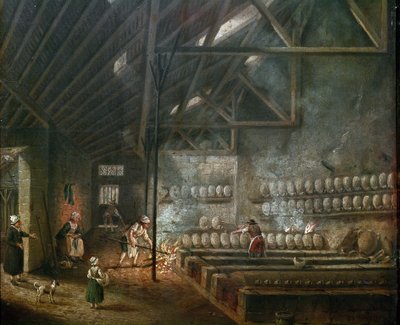 陶器工房（または吹きガラス職人）の内部 - ピエール・アントワーヌ・ドゥマシー（1723-1807）の絵画、詳細 - 19世紀 - 木に油彩 - 薄さ：39 x 31 cm - パリ、カルナヴァレ美術館 作： Pierre Antoine Demachy