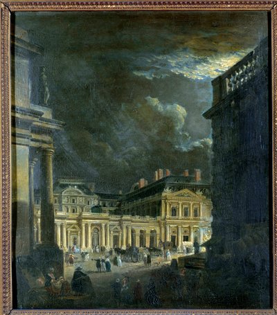 月明かりに照らされたパリのパレ・ロワイヤル広場 Pierre Demachy (1723-1807) の絵画 18世紀 日。0,39x0,34 m パリ、カルナヴァレ博物館 作： Pierre Antoine Demachy