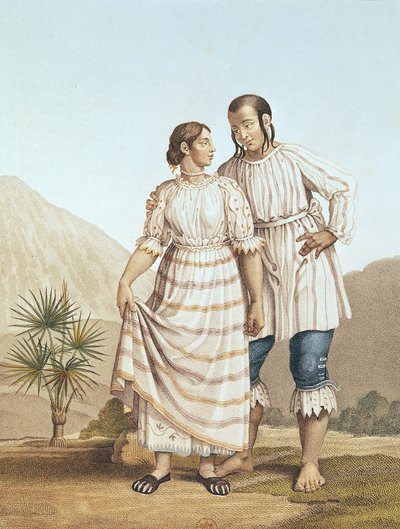 ミシェルブーケ（1807-90）によって刻まれた、アレクサンダーフォンフンボルト（1769-1859）による「新大陸の航海から地方の旅へ」のメキシコのインディアンコスチューム 作： Pierre Antoine Marchais