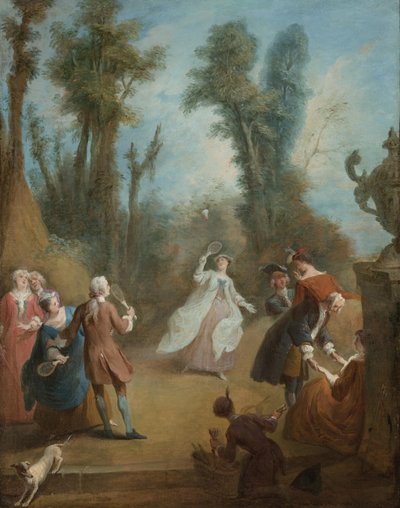 公園で羽根をしているエレガントな人物、1730年頃 作： Pierre Antoine Quillard