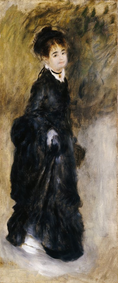 若い女性、フルレングス、スカートを持ち上げる、1877 作： Pierre Auguste Renoir