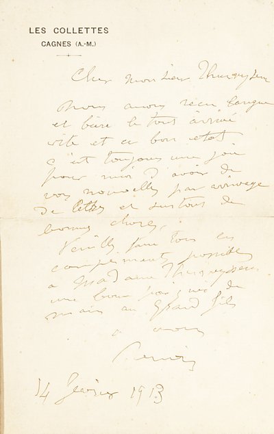 1908年6月24日、パリとレコレットのフリッツサーネイセン博士に署名された直筆の手紙 作： Pierre Auguste Renoir
