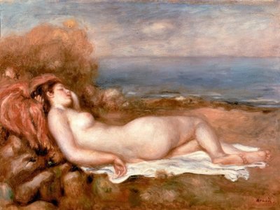 海で横になっている水浴びをする人 作： Pierre Auguste Renoir