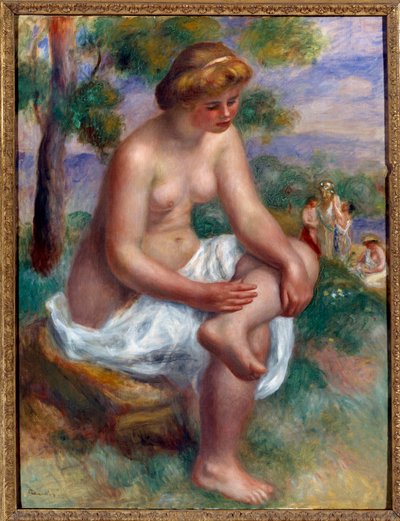 ピエールオーギュストルノワールのエウリュディケ絵画と呼ばれる風景の中に座っている水浴びをする人 作： Pierre Auguste Renoir