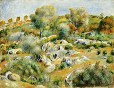 木と岩のあるブルターニュの風景 作： Pierre Auguste Renoir