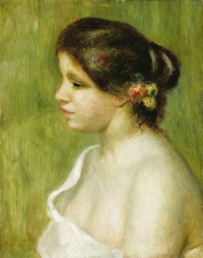 耳を飾る花を持つ少女の胸像、1898 作： Pierre Auguste Renoir