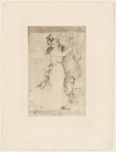 田舎のダンス 1890年頃（アイボリーの敷紙にブラウングレーのエッチング） 作： Pierre Auguste Renoir