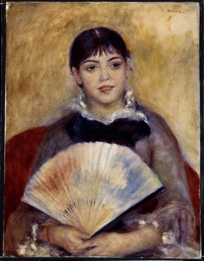うちわを持つ少女（アルフォンシーヌ・フルネーズ）。 ピエール・オーギュスト・ルノワール (1841-1919) の絵画 作： Pierre Auguste Renoir