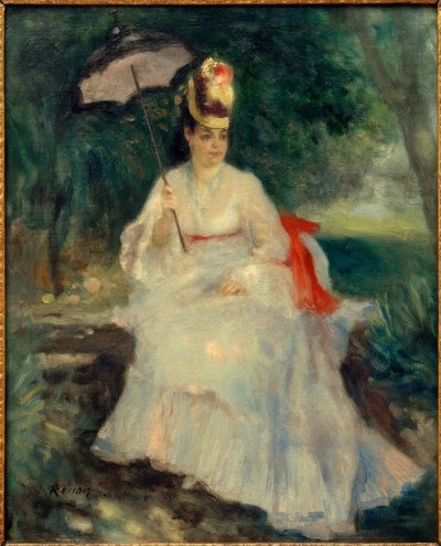 庭に傘を持つ女性 作： Pierre Auguste Renoir