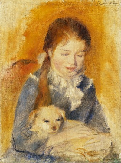 犬を持つ少女;フィレット・オー・チエン、1875年頃（キャンバスに油彩） 作： Pierre Auguste Renoir
