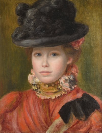 Jeune fille au chapeau noir et fleur rouge - 黒い帽子と赤い花の少女 by Renoir, Pierre Auguste (1841-1919), c. 1890 - 油彩・キャンバス - Private Collection 作： Pierre Auguste Renoir
