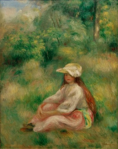 風景の中のピンクの少女 作： Pierre Auguste Renoir