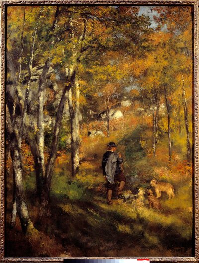フォンテーヌブローの森にいるジュール・ルクールと犬たち。ピエール・オーギュスト・ルノワール（1841-1919）の絵画 作： Pierre Auguste Renoir