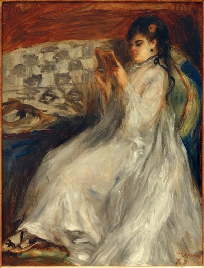 白の若い読書女性 作： Pierre Auguste Renoir