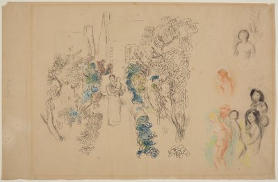 風景と人物（紙に鉛筆、インク、トイレ、クレヨン） 作： Pierre Auguste Renoir