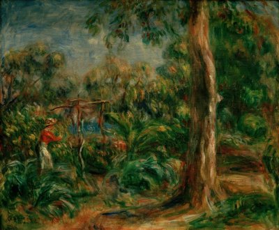 大きな木。 Caの庭で赤い胴着を持つ女性 作： Pierre Auguste Renoir
