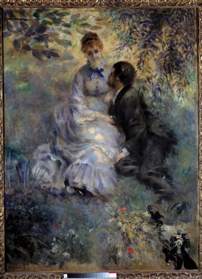 恋人たち庭に座っているカップル。ピエール・オーギュスト・ルノワール（1841-1919）の作品 作： Pierre Auguste Renoir