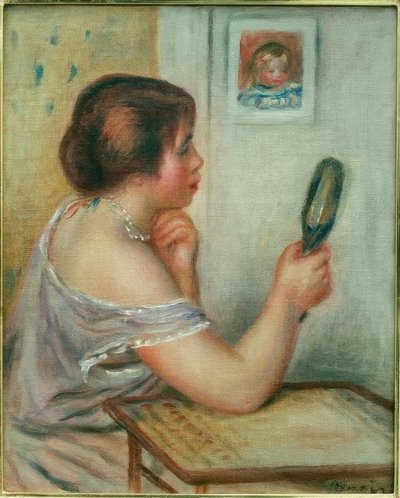 ココのポートレートが映っている鏡を持っているマリーデュプイ 作： Pierre Auguste Renoir