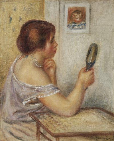 ココのポートレートが映っている鏡を持っているマリーデュプイ 作： Pierre Auguste Renoir