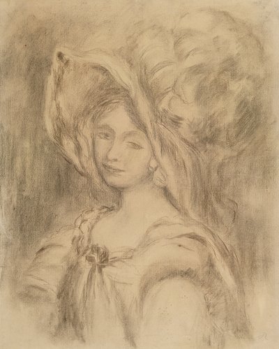 Mme Dieterle in a Hat、c.1896（木炭） 作： Pierre Auguste Renoir